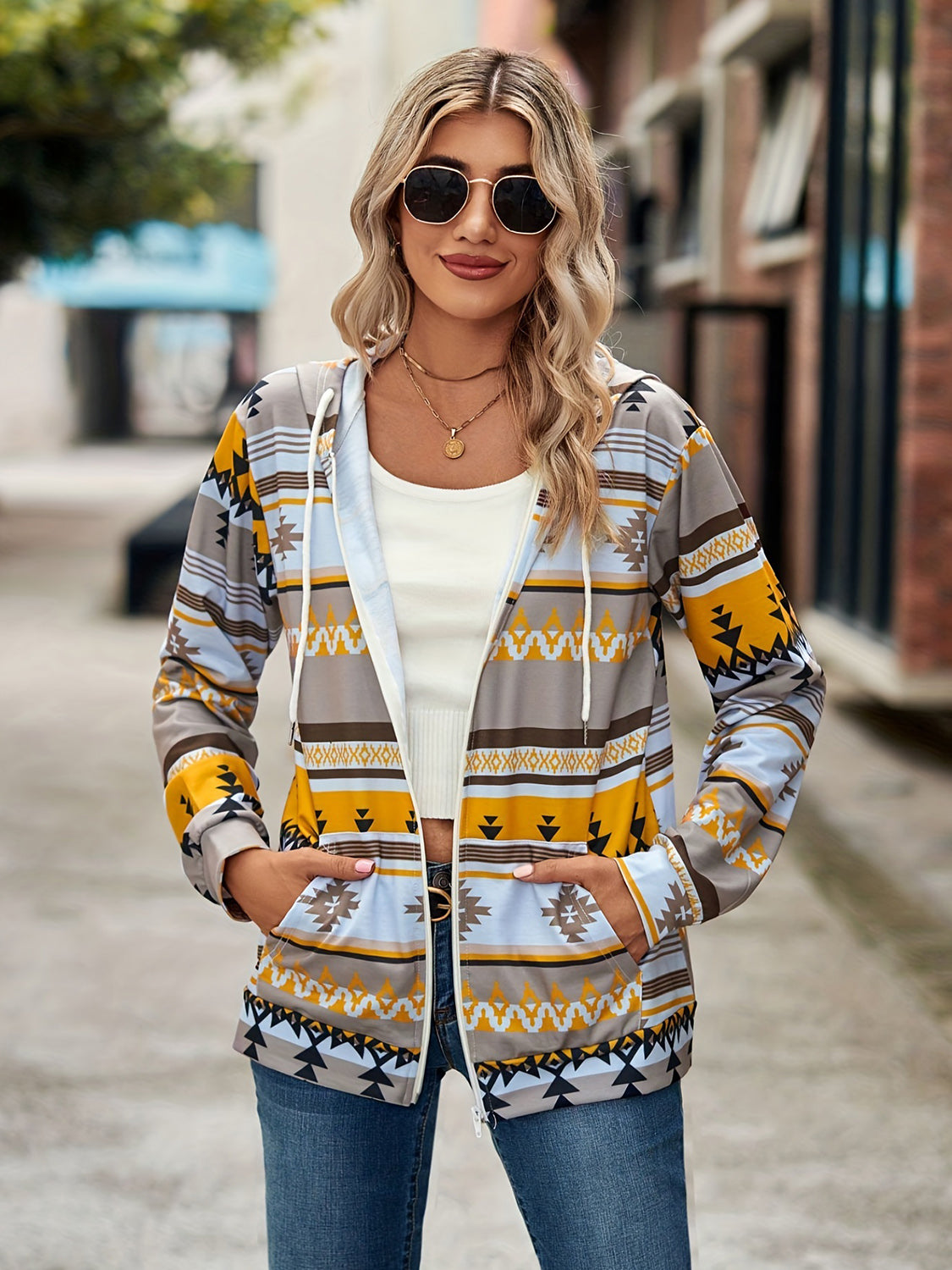 Geometric Zip Up Long Sleeve Hooded Jacket - Charming Charlie
