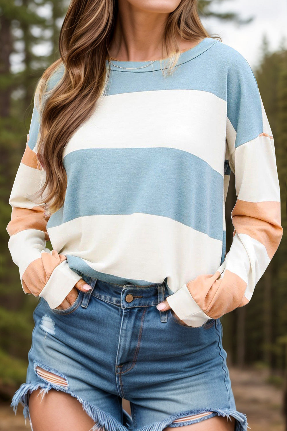 Contrast Color Block Round Neck Long Sleeve Top - Charming Charlie