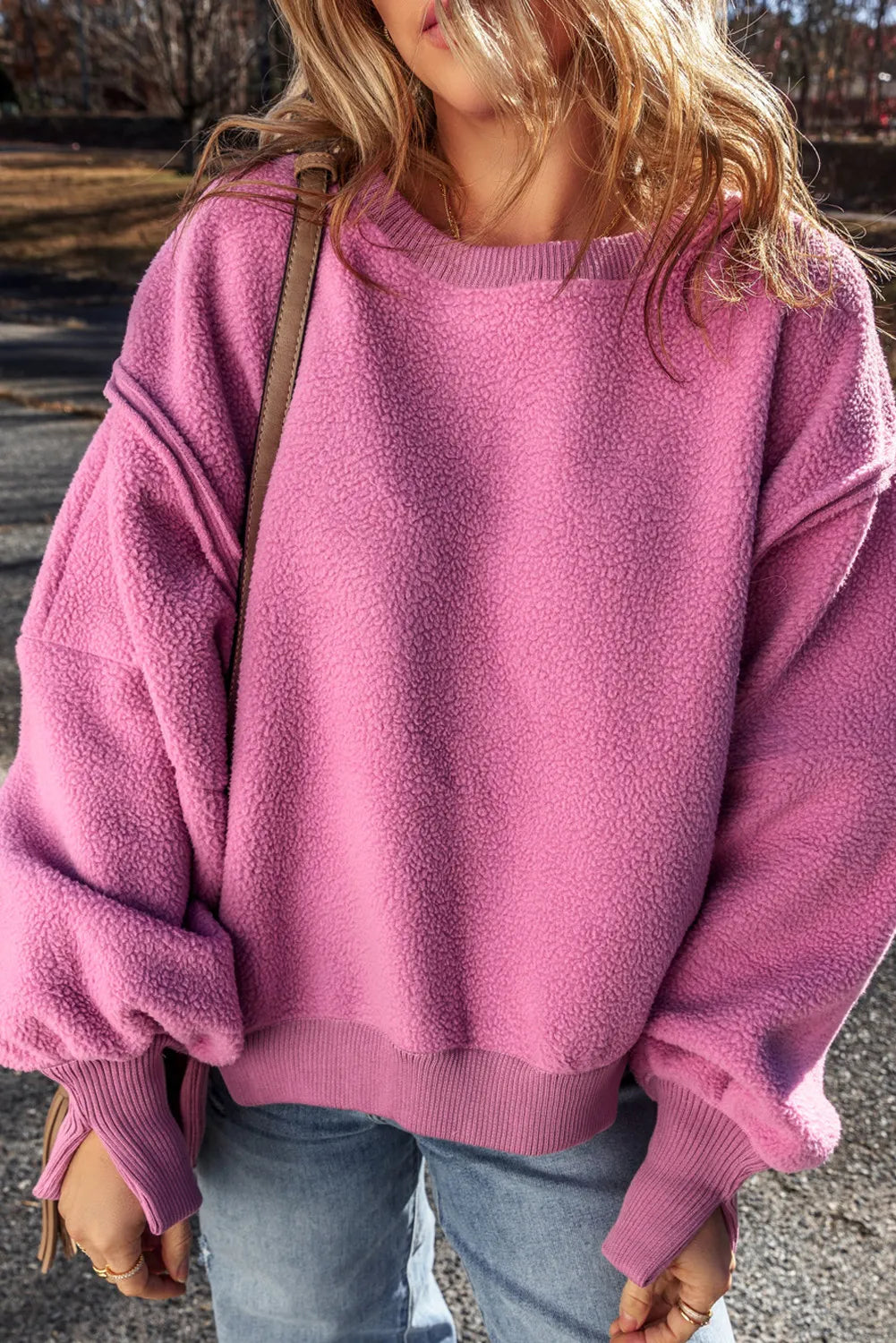 Slit Round Neck Long Sleeve Sweatshirt - Charming Charlie