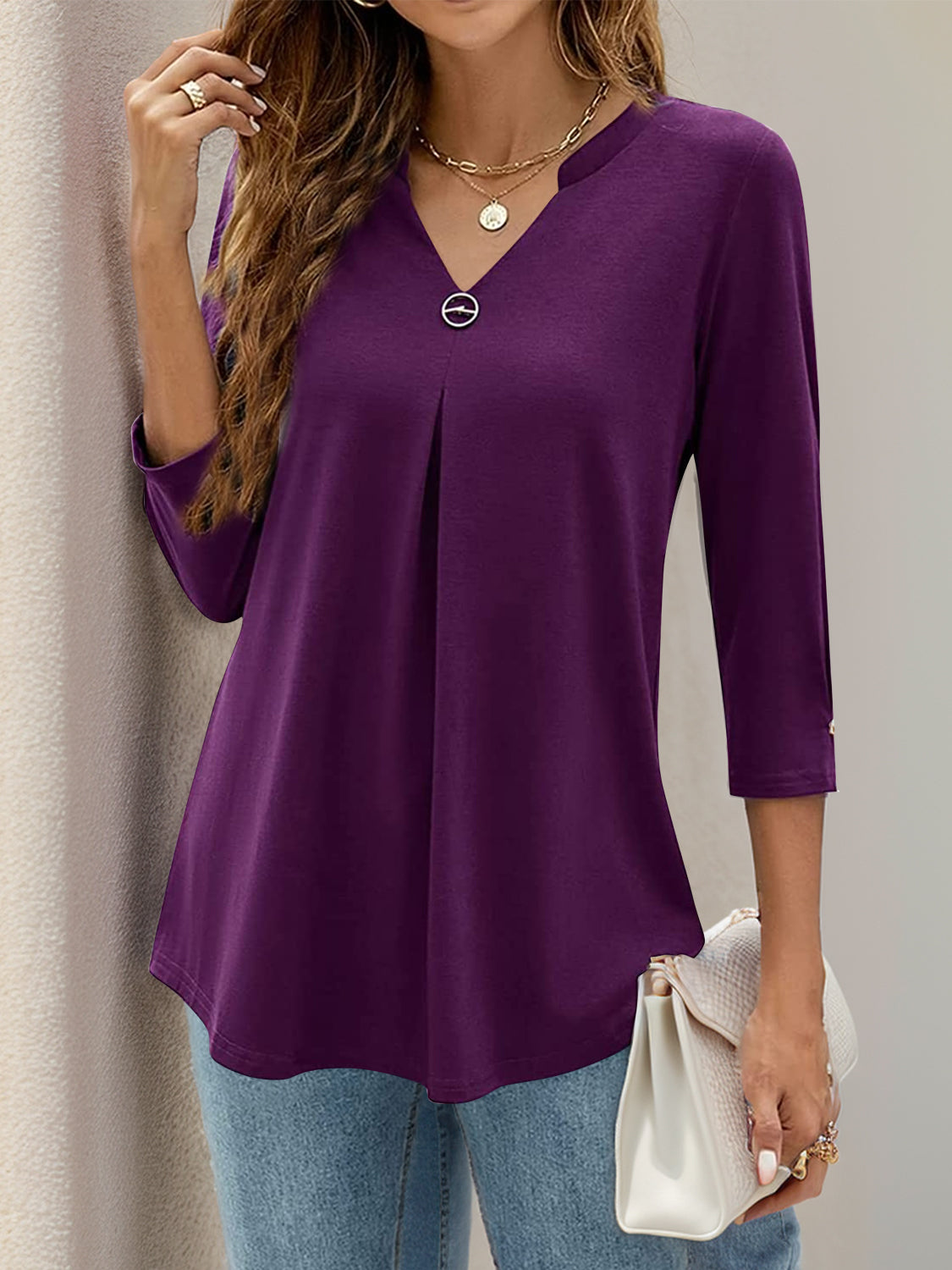 Notched Three-Quarter Sleeve T-Shirt - Charming Charlie