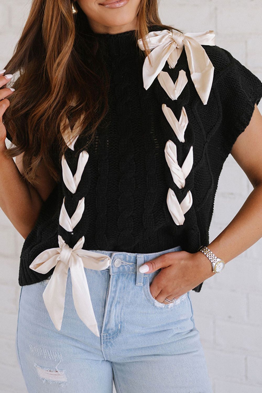 Lace-Up Mock Neck Short Sleeve Sweater - Charming Charlie