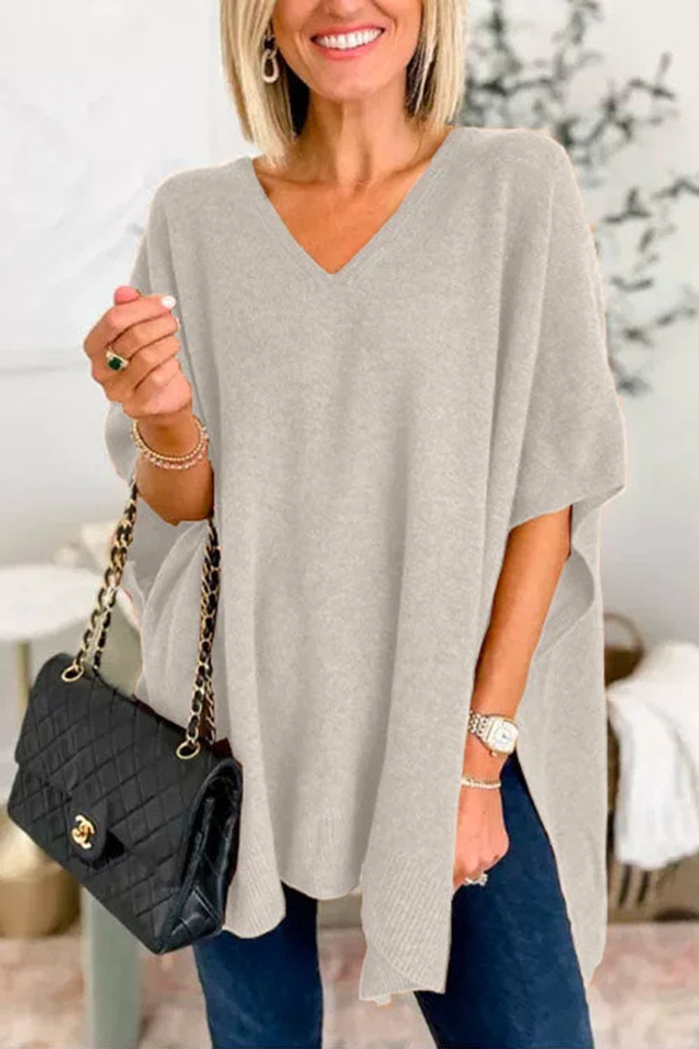 Slit V-Neck Half Sleeve Knit Top - Charming Charlie