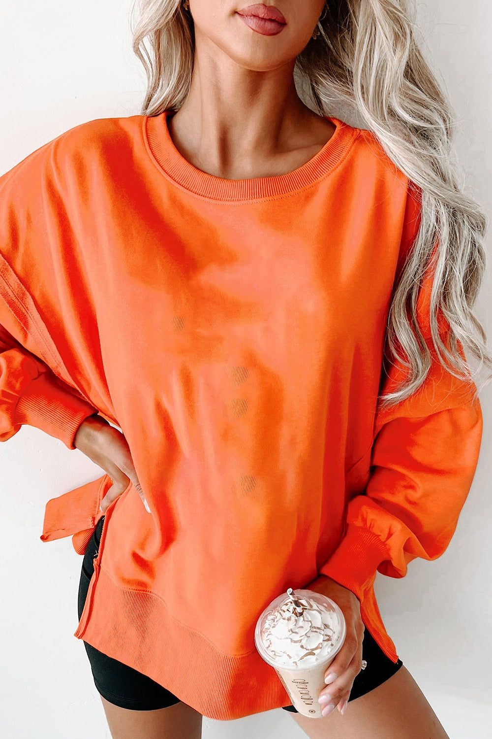 Side Slit Round Neck Long Sleeve Sweatshirt - Charming Charlie