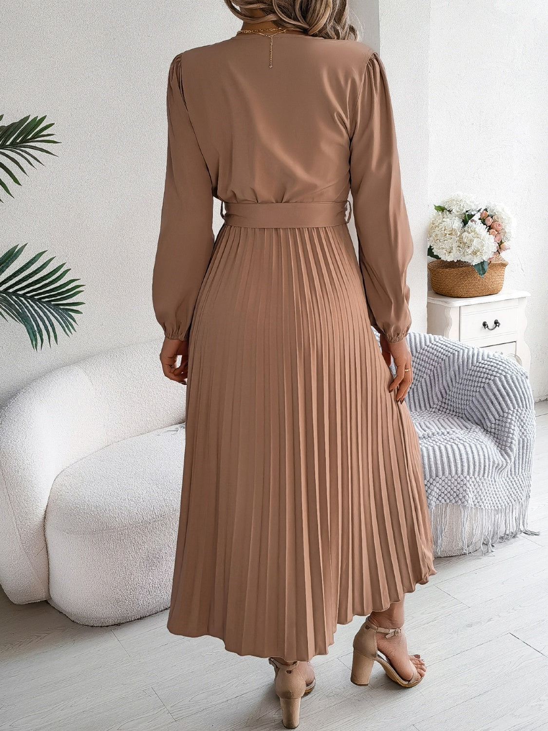 Pleated Tied V-Neck Long Sleeve Dress - Charming Charlie