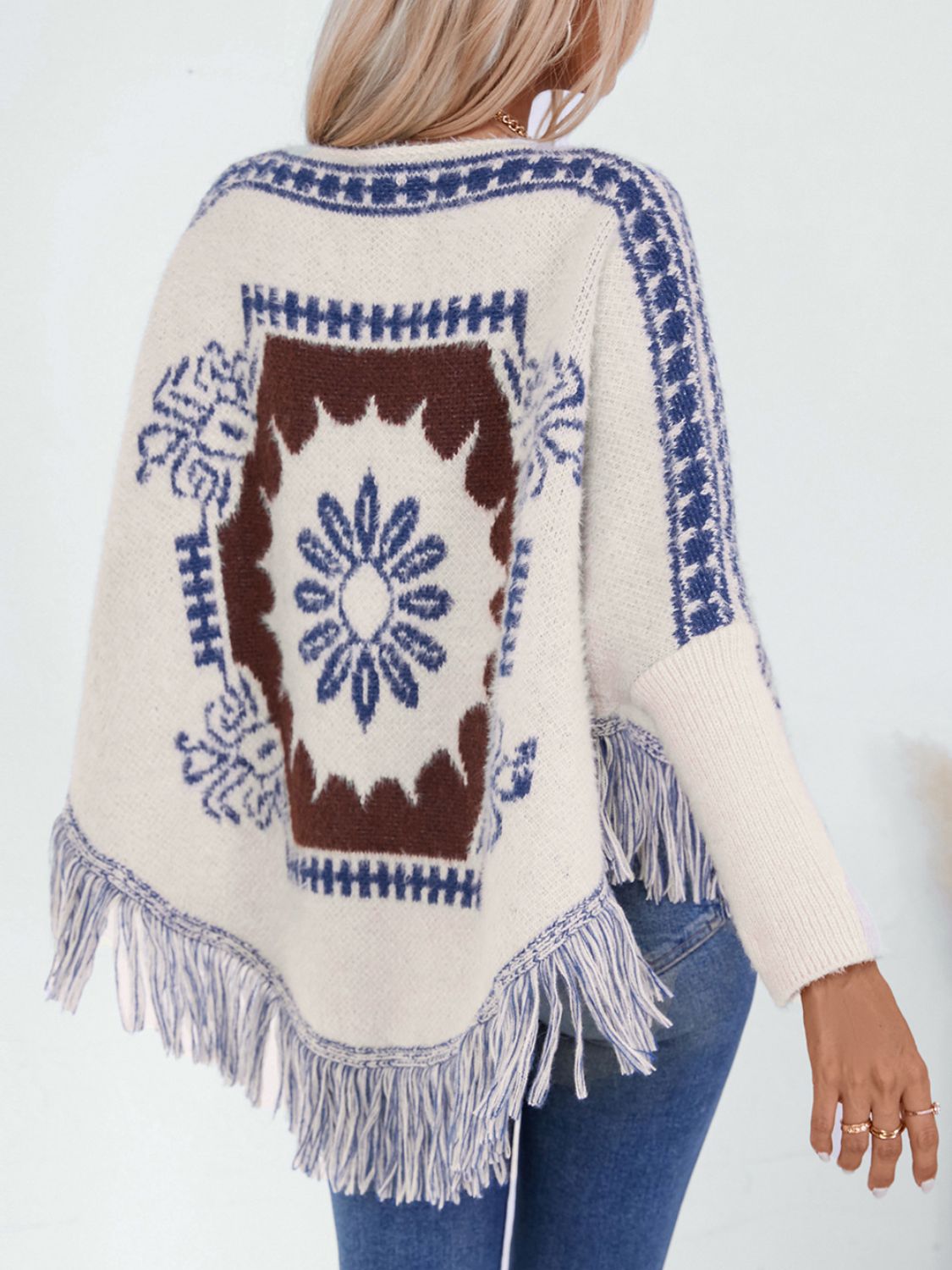 Fringe Geometric Long Sleeve Poncho - Charming Charlie