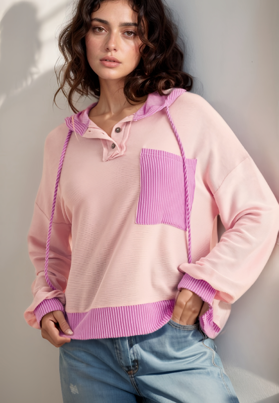 Corded Color Block Drawstring Hoodie - Charming Charlie
