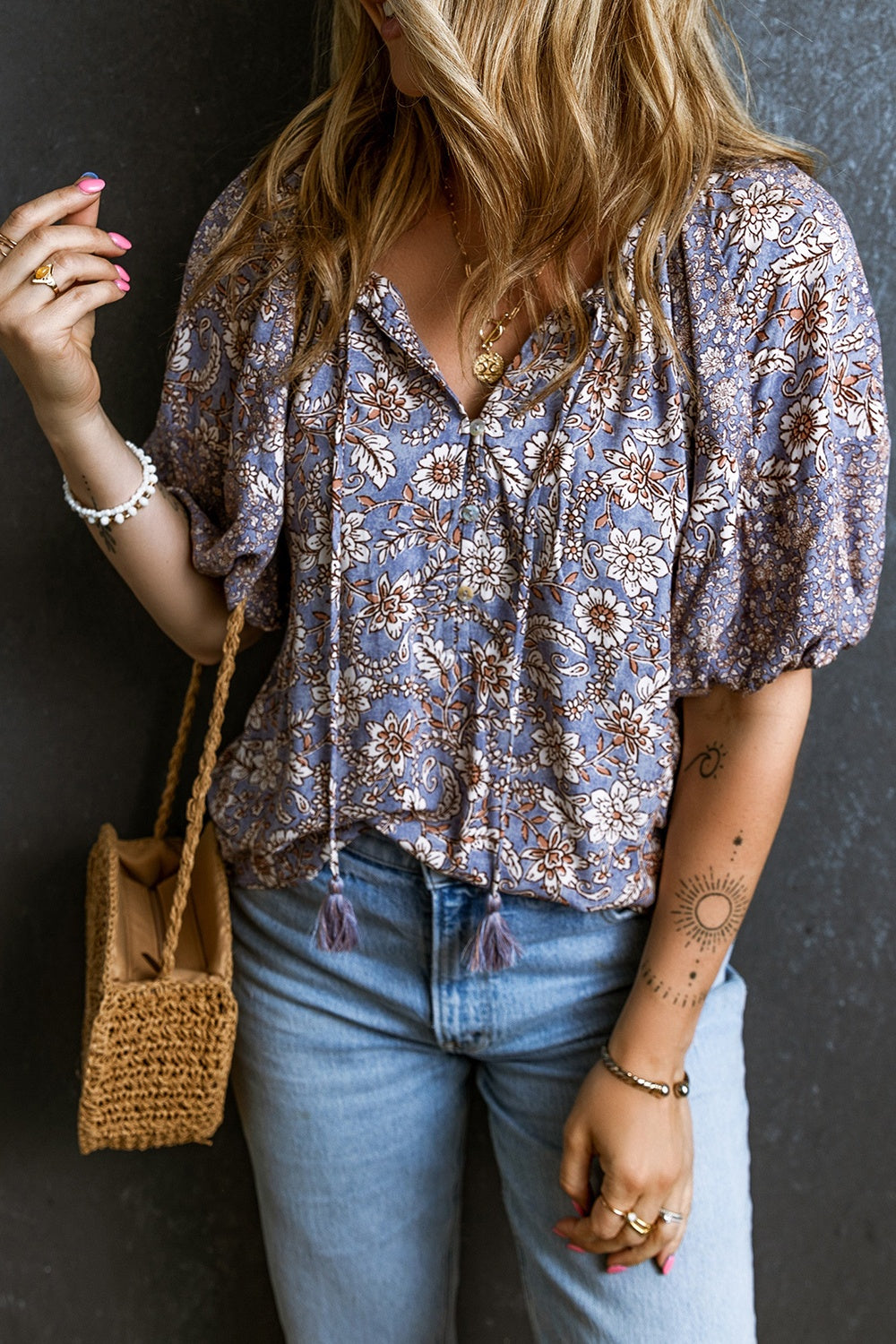 Printed Tie Neck Half Sleeve Blouse - Charming Charlie