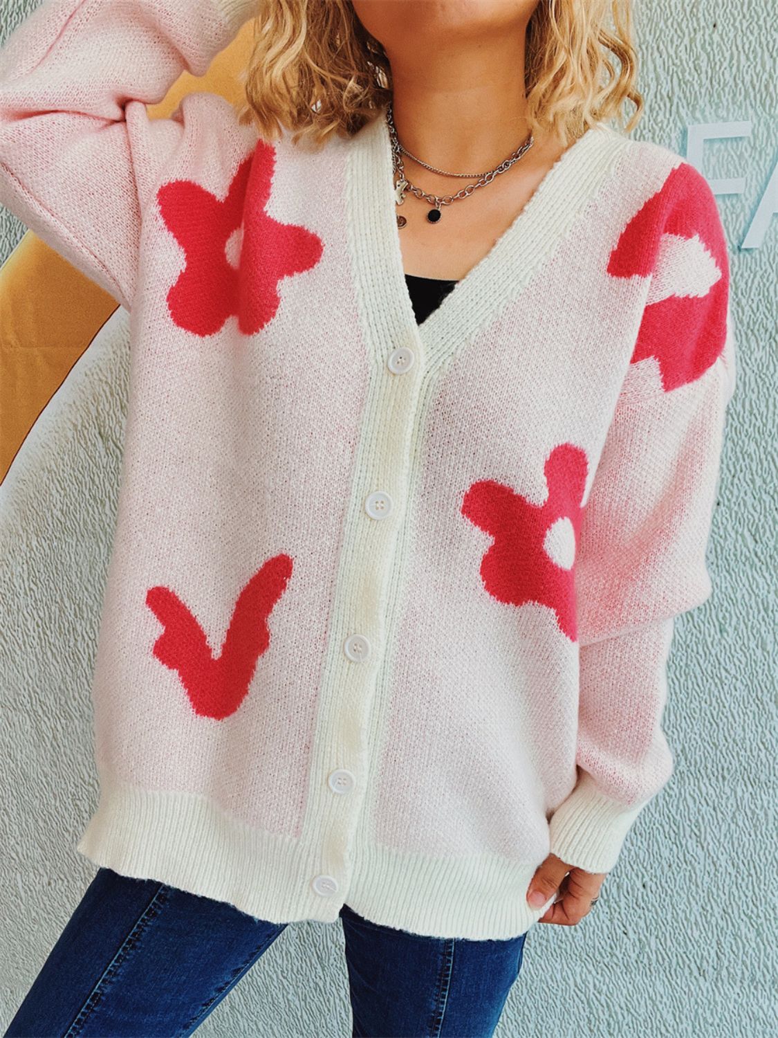 Flower Button Down V-Neck Long Sleeve Cardigan - Charming Charlie