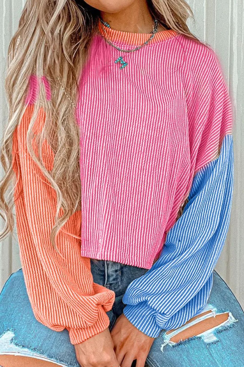 Color Block Round Neck Long Sleeve Top - Charming Charlie
