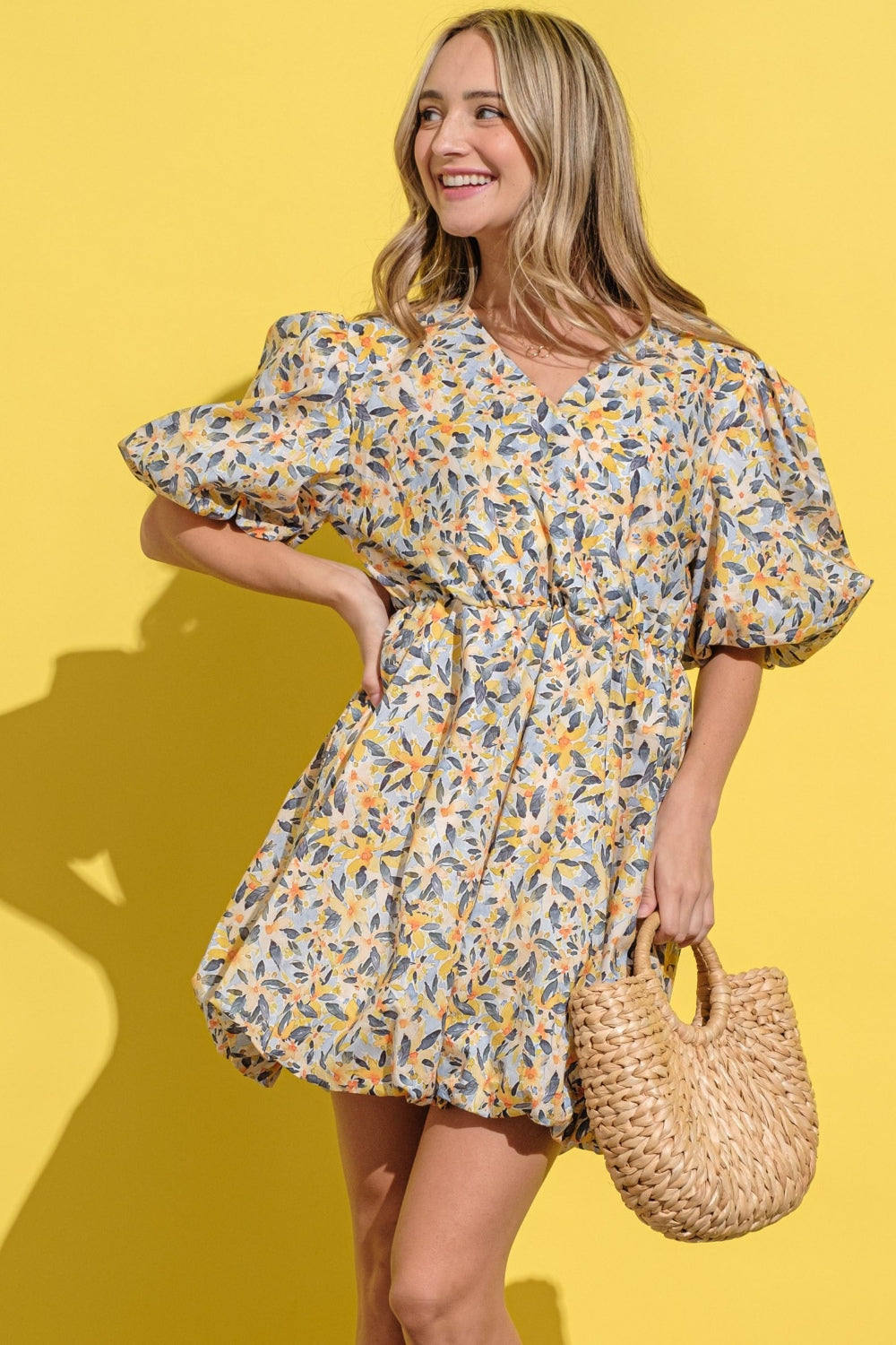 And The Why Full Size Floral Surplice Puff Sleeve Dress - Charming Charlie