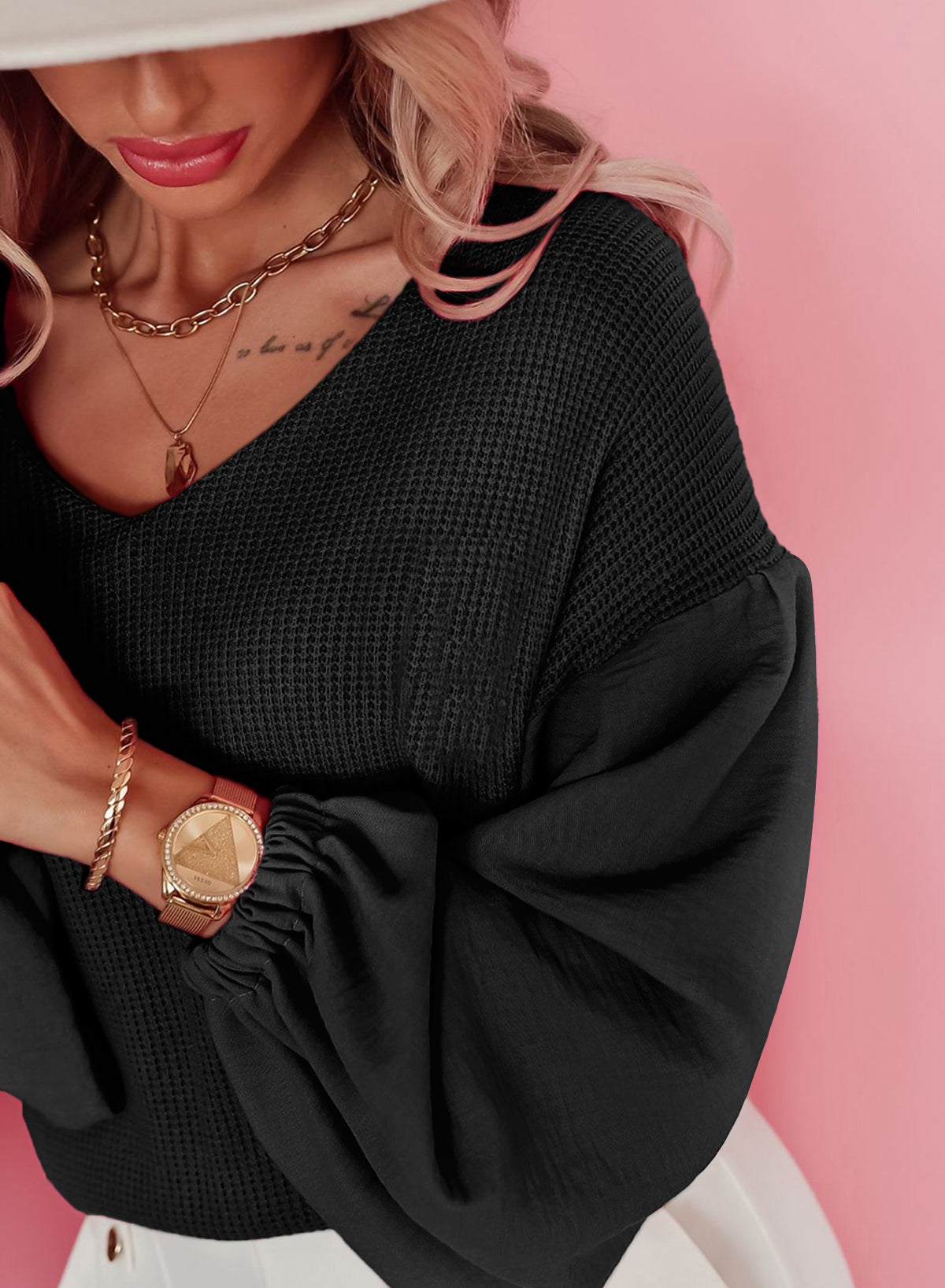 Waffle-Knit V-Neck Long Sleeve Blouse - Charming Charlie