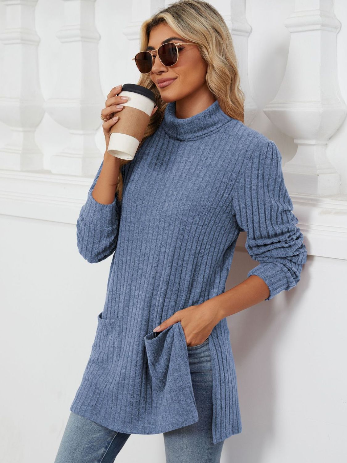 Slit Mock Neck Long Sleeve T-Shirt - Charming Charlie