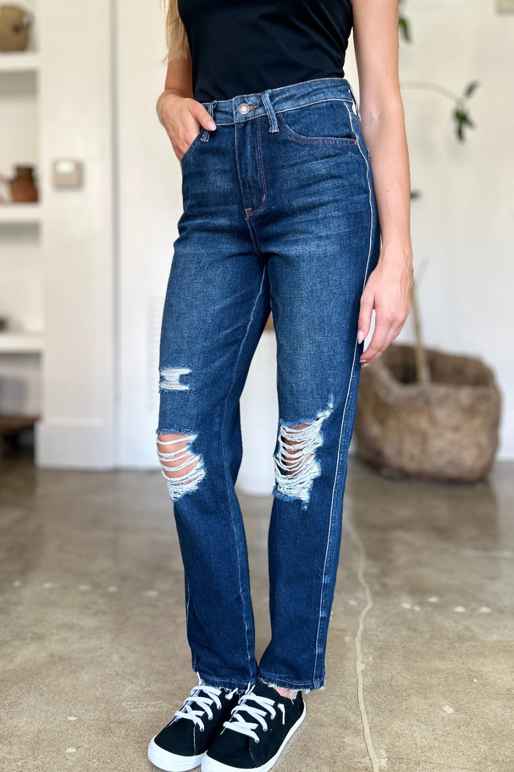 Judy Blue Full Size High Waist Rigid Magic Heavy Destroy Straight Jeans - Charming Charlie