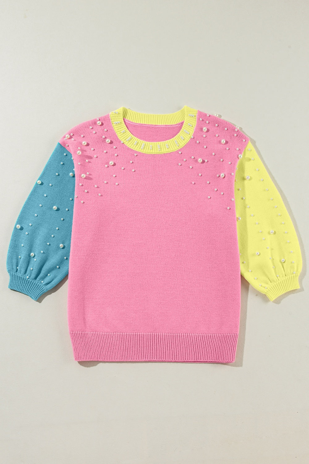 Pearl Detail Contrast Round Neck Sweater - Charming Charlie