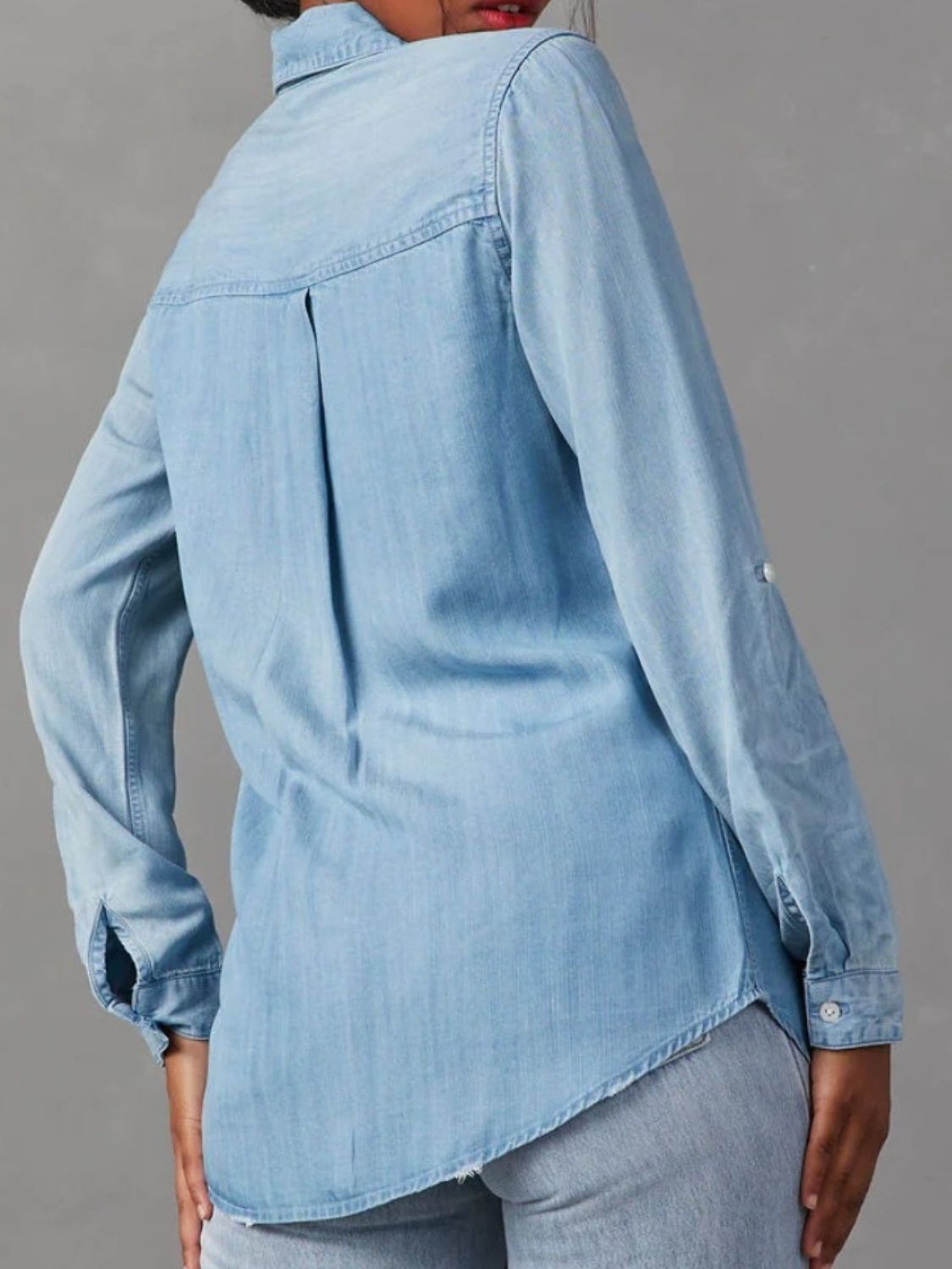 Collared Neck Roll-Tab Sleeve Denim Top - Charming Charlie