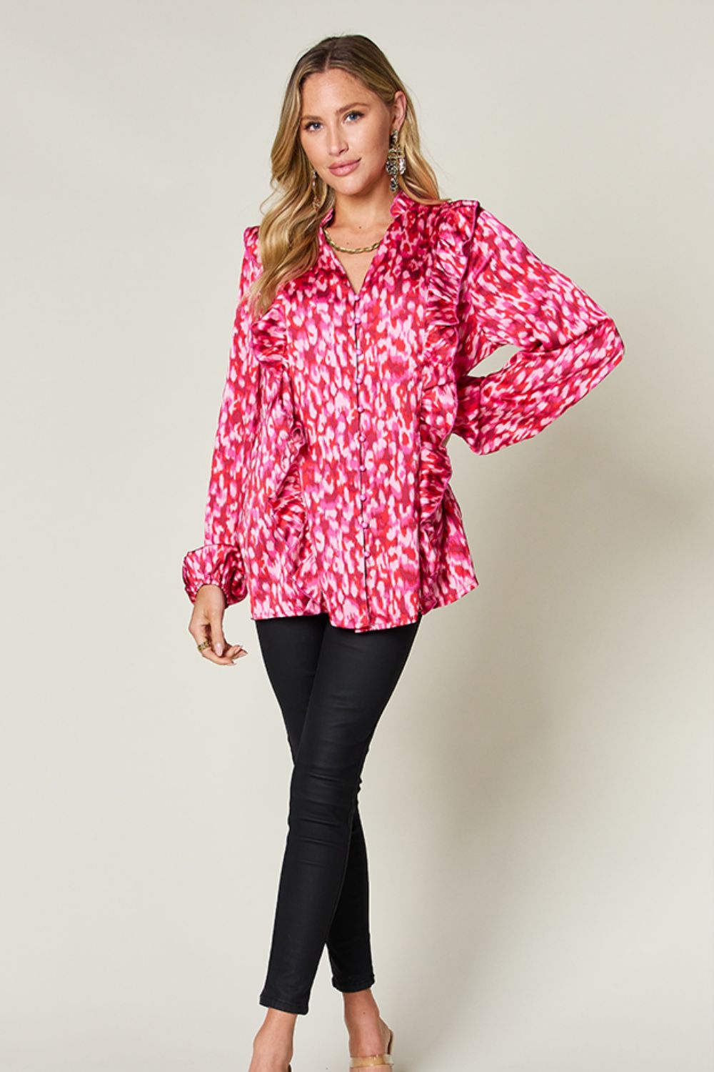 Double Take Full Size Printed Ruffle Trim Balloon Sleeve Shirt - Charming Charlie