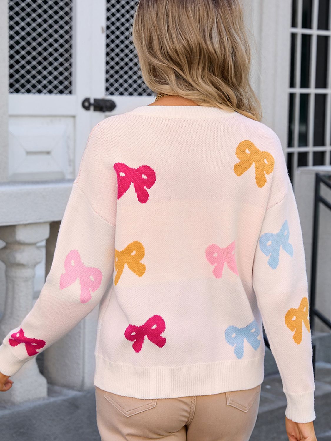 Bow Graphic Round Neck Long Sleeve Sweater - Charming Charlie