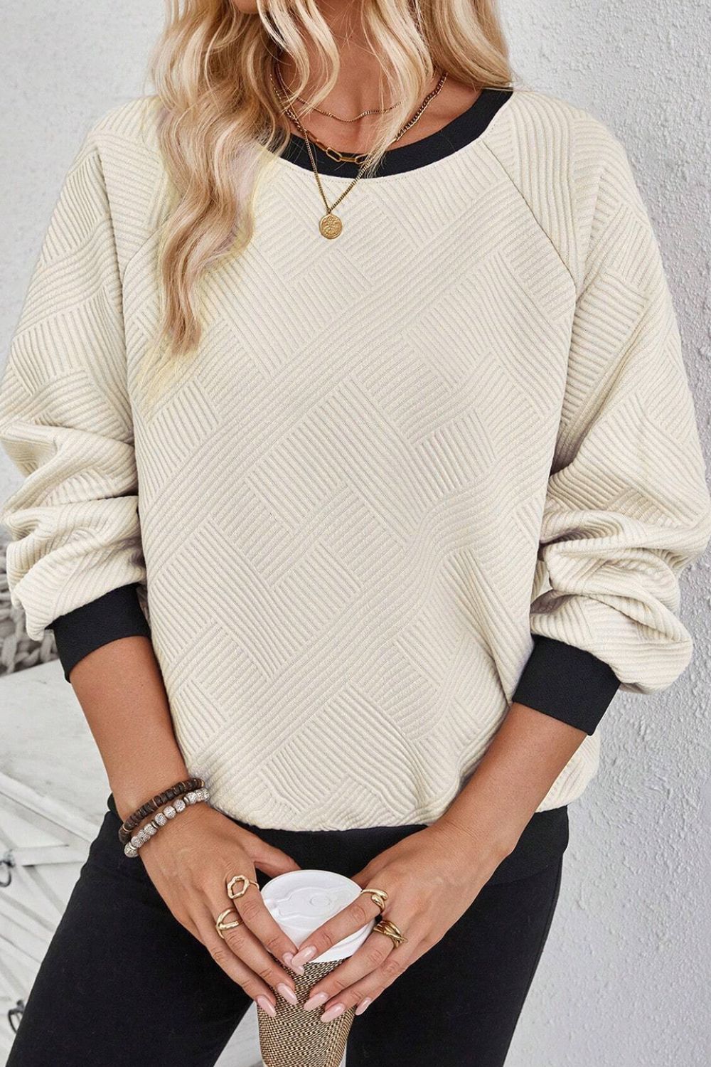 Texture Contrast Long Sleeve Sweatshirt - Charming Charlie