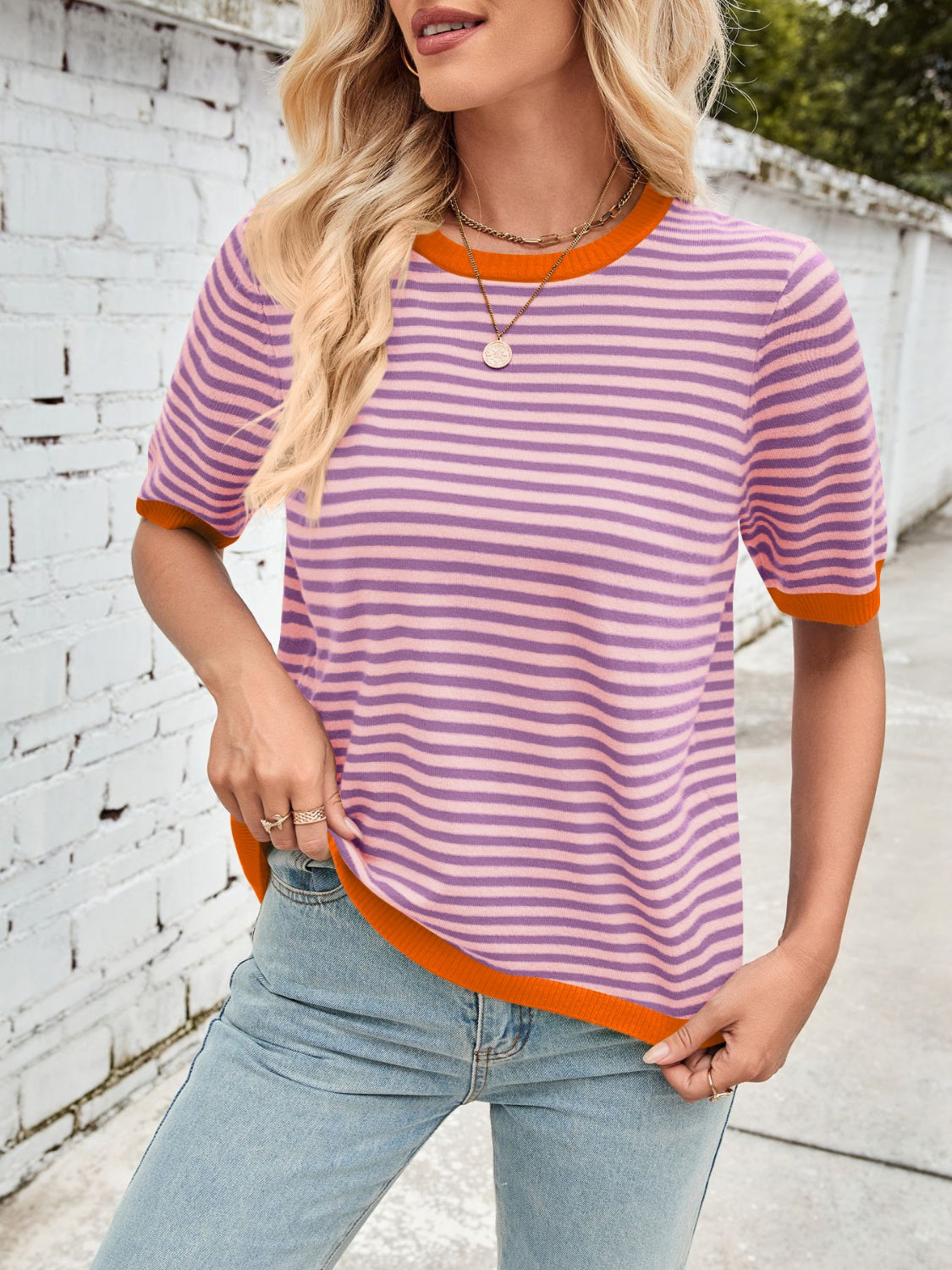 Lovelet Striped Contrast Round Neck Half Sleeve Knit Top - Charming Charlie