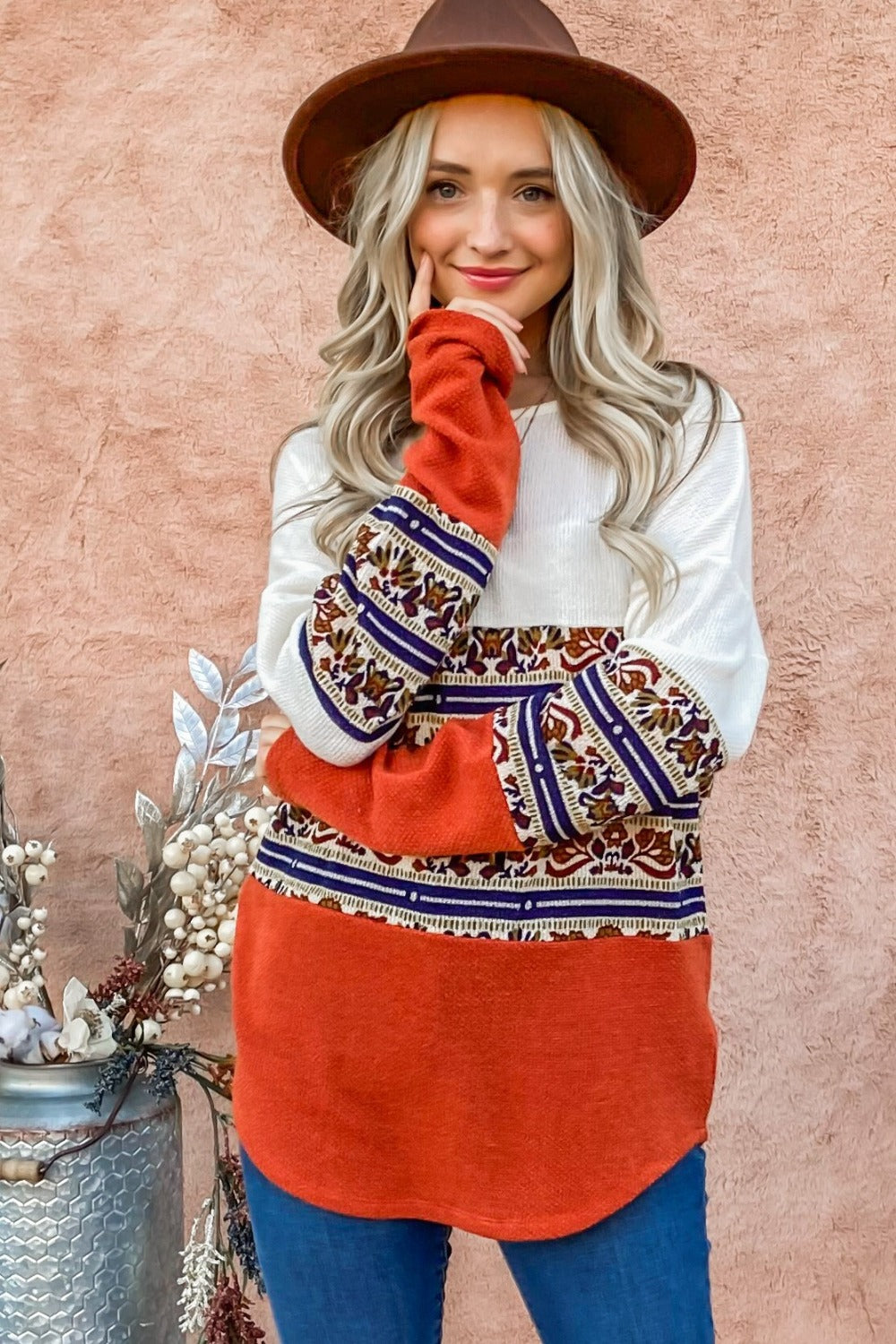 And The Why Ethnic Print Color Block Top - Charming Charlie