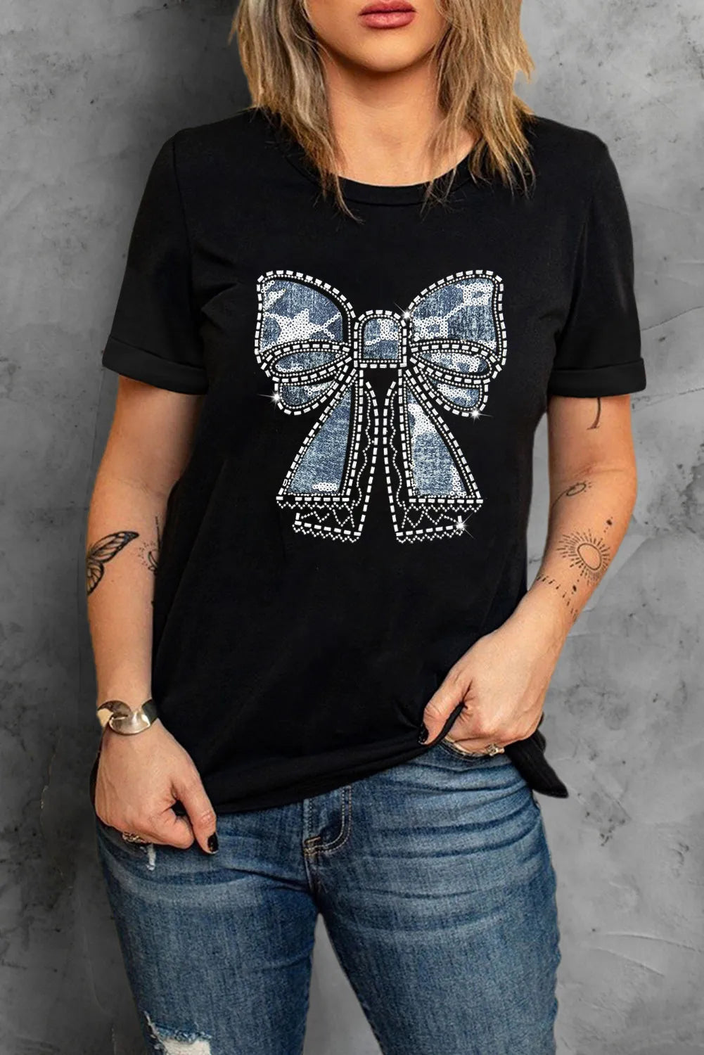 Bow Round Neck Short Sleeve T-Shirt - Charming Charlie