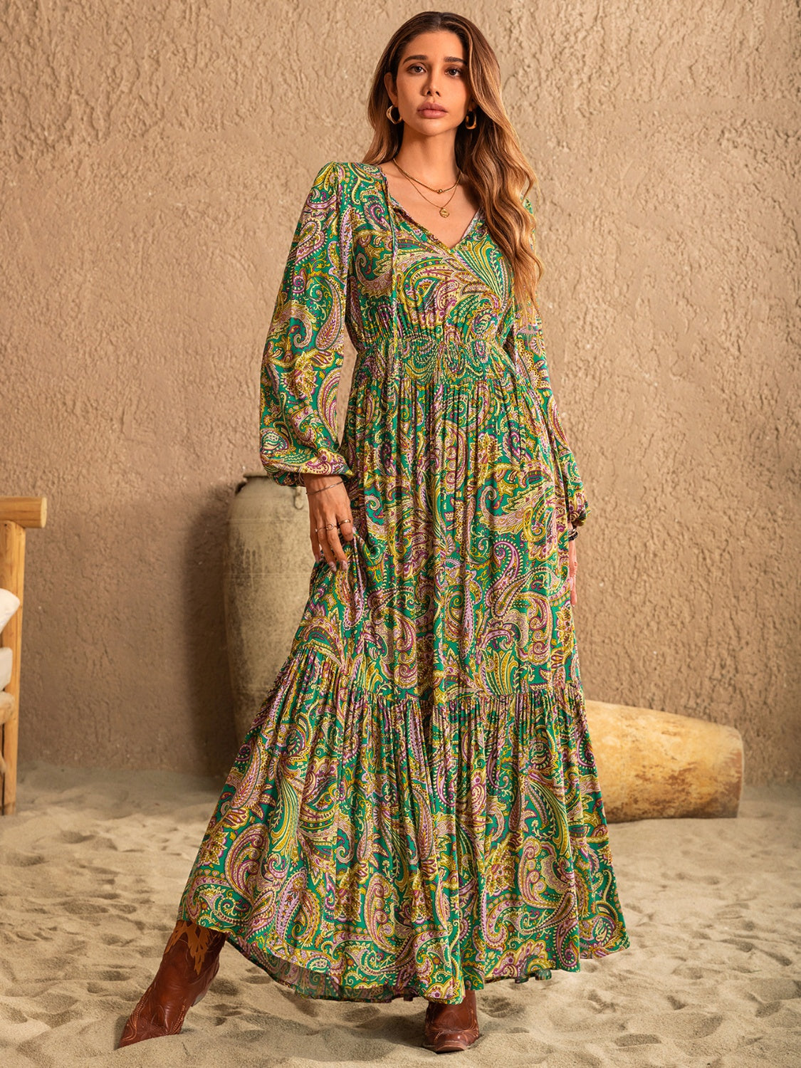 Printed Tie Neck Long Sleeve Dress - Charming Charlie