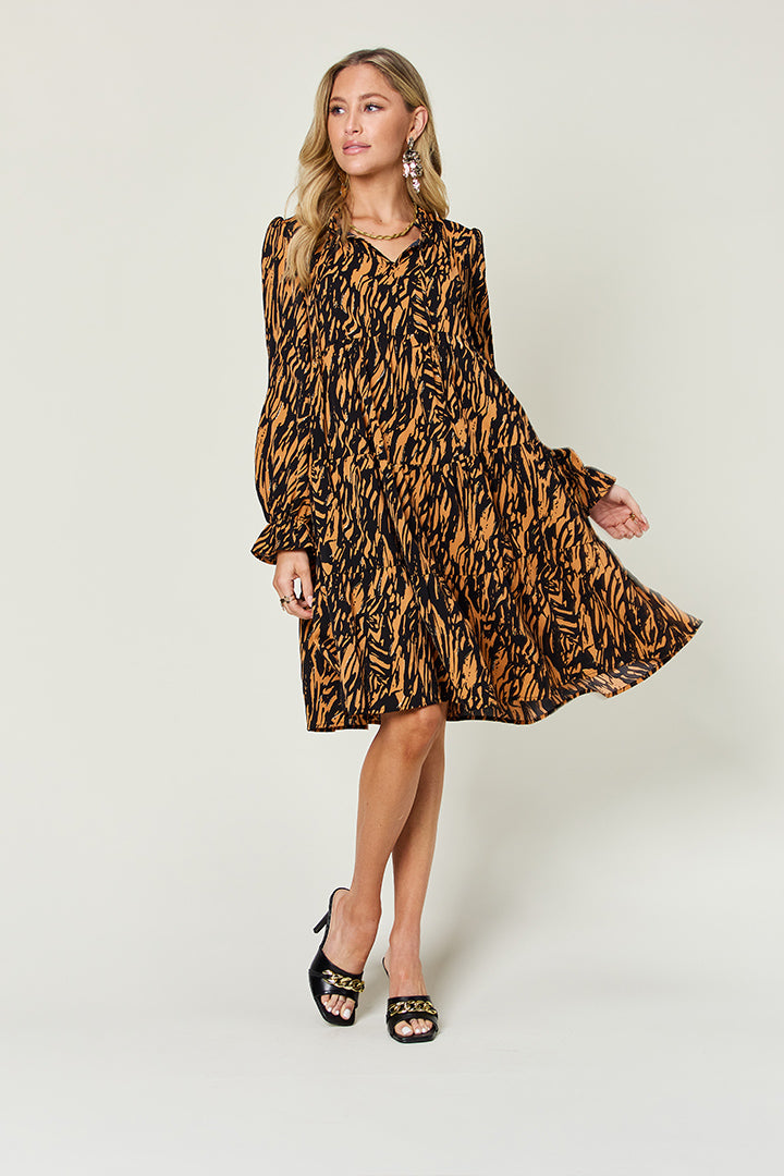 Double Take Full Size Printed Ruffle Hem Long Sleeve Dress - Charming Charlie