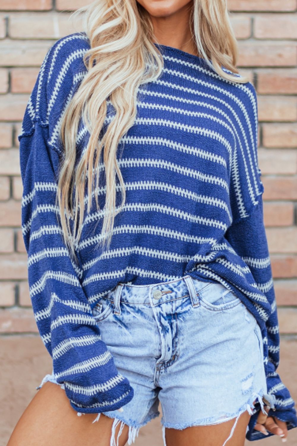 Striped Round Neck Dropped Shoulder Sweater - Charming Charlie