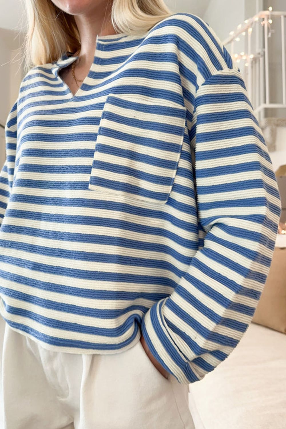 Stripe Chest Pocket Notched Top - Charming Charlie