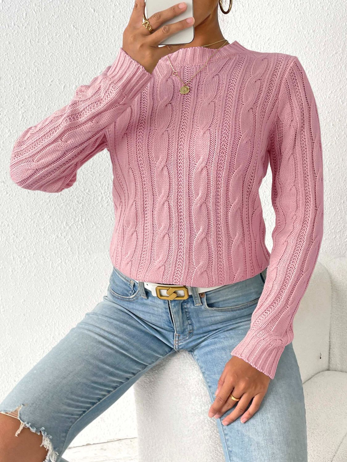 Cable-Knit Round Neck Sweater - Charming Charlie