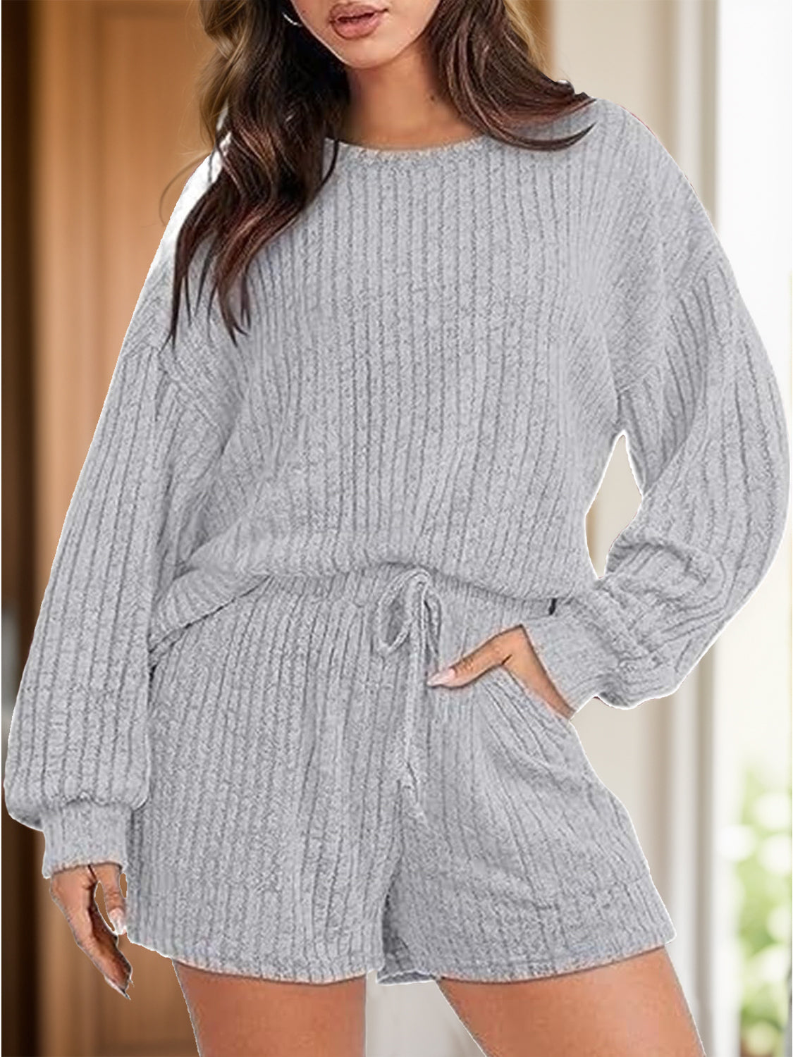 Round Neck Dropped Shoulder Top and Shorts Set - Charming Charlie