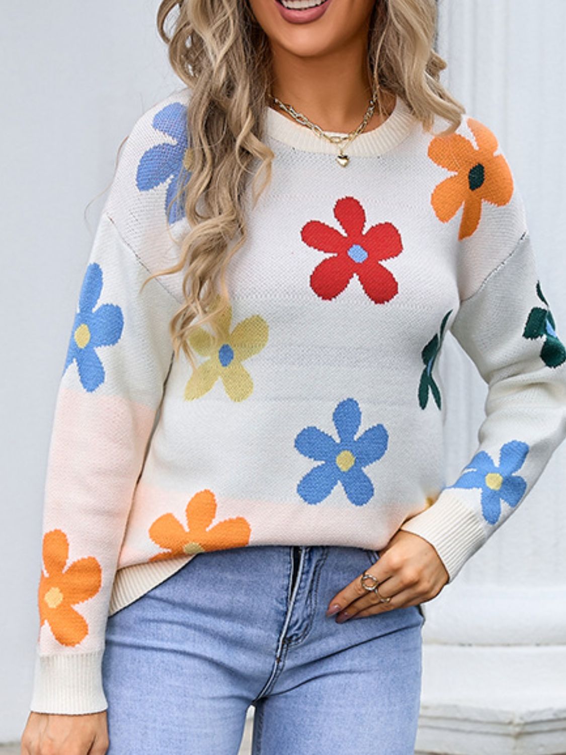 Flower Round Neck Long Sleeve Sweater - Charming Charlie