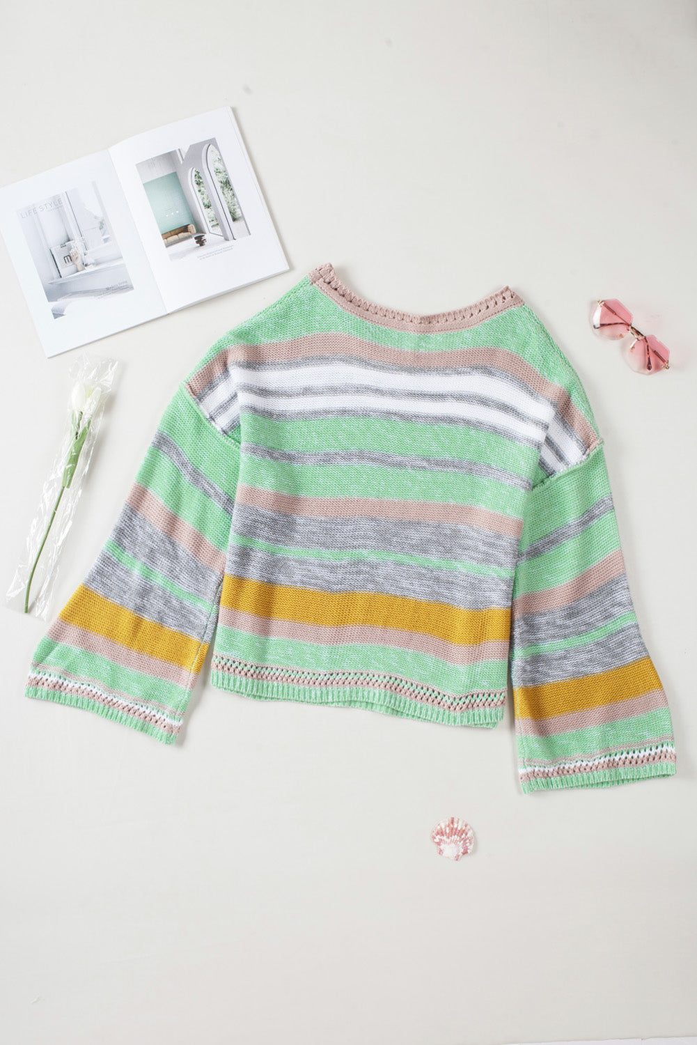 Contrast Striped Boat Neck Dropped Shoulder Sweater - Charming Charlie