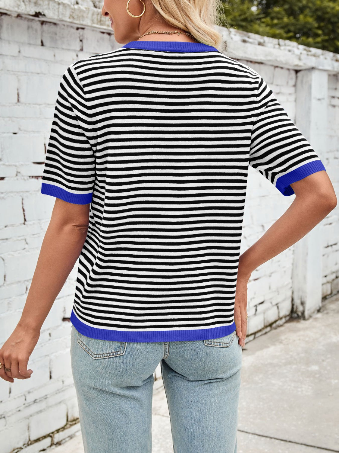 Lovelet Striped Contrast Round Neck Half Sleeve Knit Top - Charming Charlie