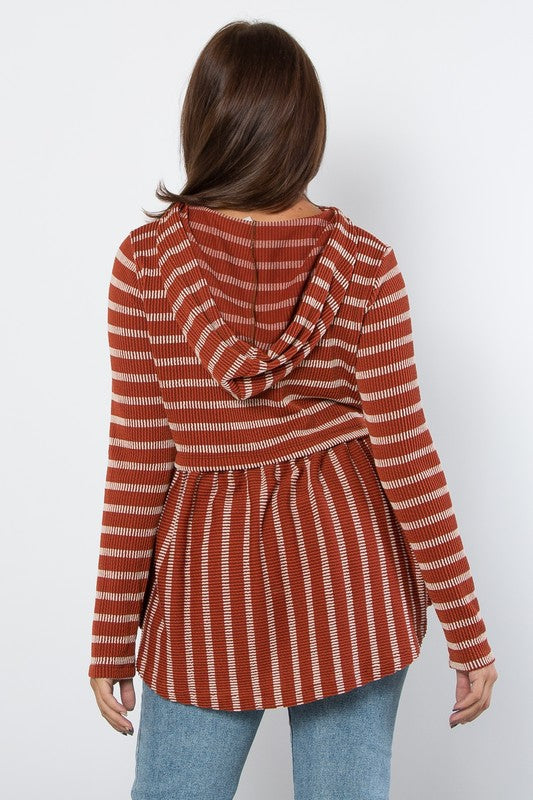 Be Stage Full Size Drawstring Striped Babydoll Hoodie - Charming Charlie