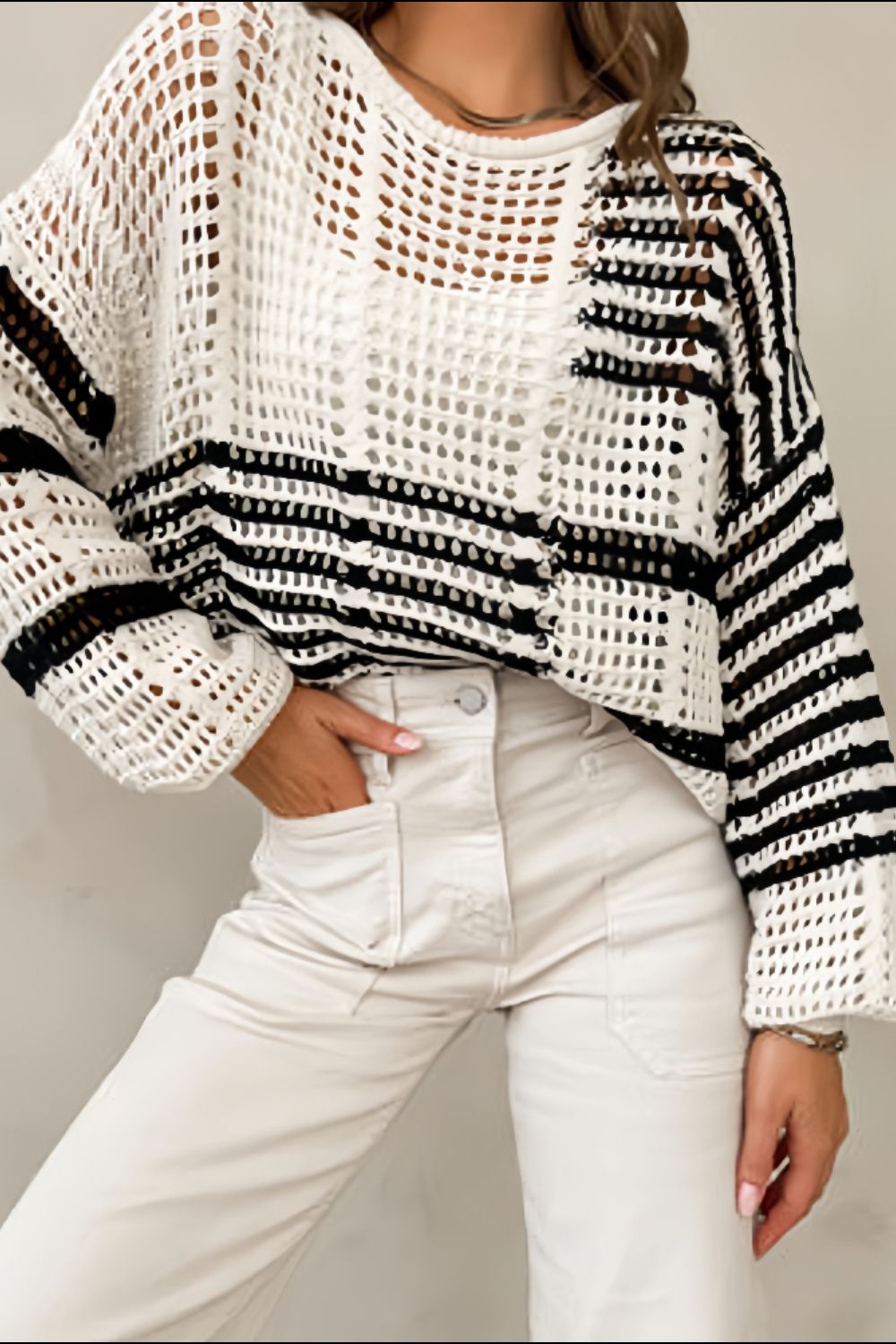 Contrast Striped Crochet Long Sleeve Knit Cover Up - Charming Charlie