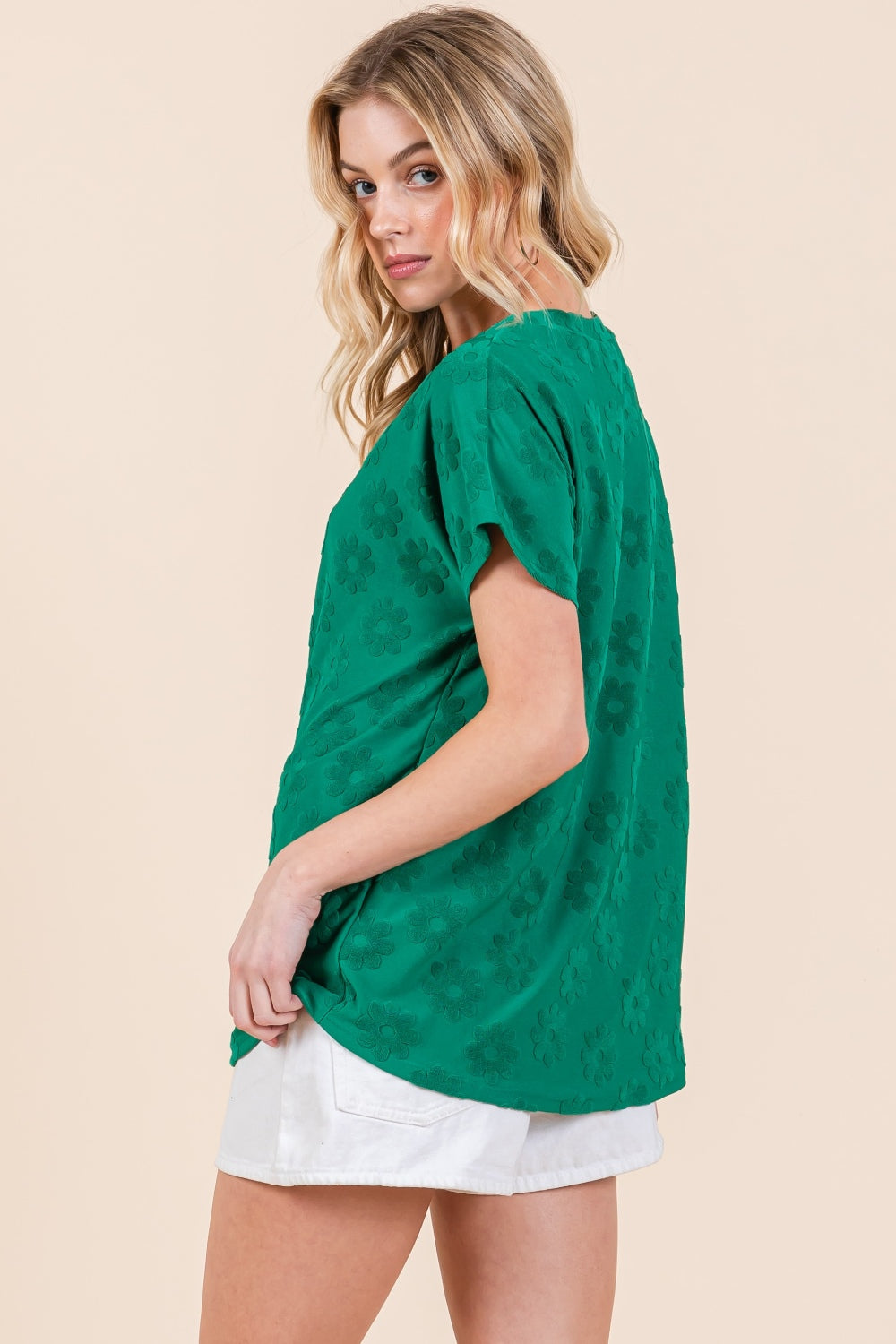 BOMBOM Textured Floral Pattern Short Sleeve T-Shirt - Charming Charlie