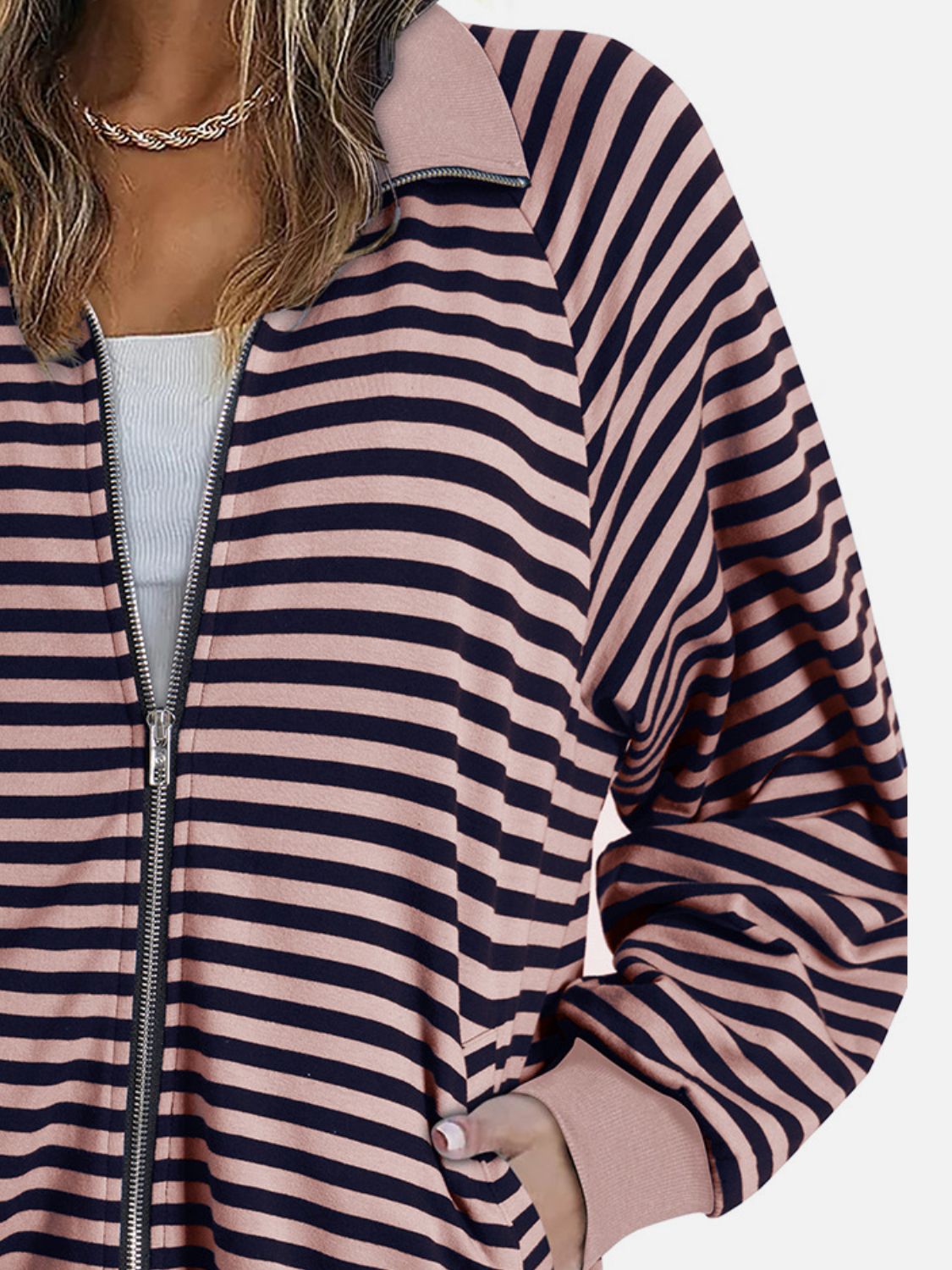 Striped Zip Up Long Sleeve Sweatshirt - Charming Charlie