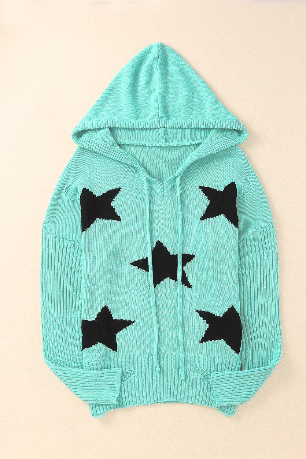 Distressed Drawstring Long Sleeve Hooded Sweater - Charming Charlie