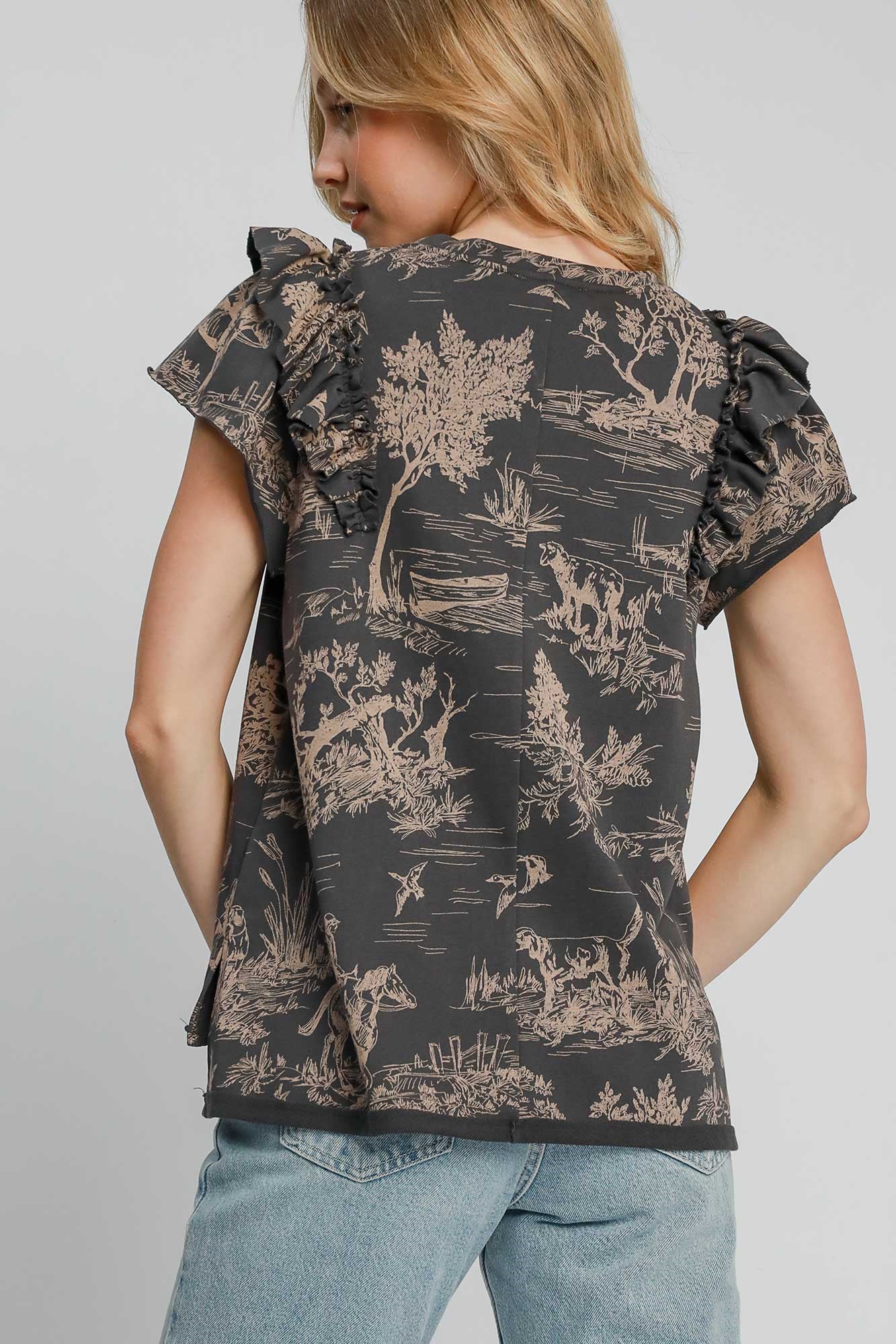 Umgee Ruffled Landscape Print Short Sleeve French Terry Top - Charming Charlie