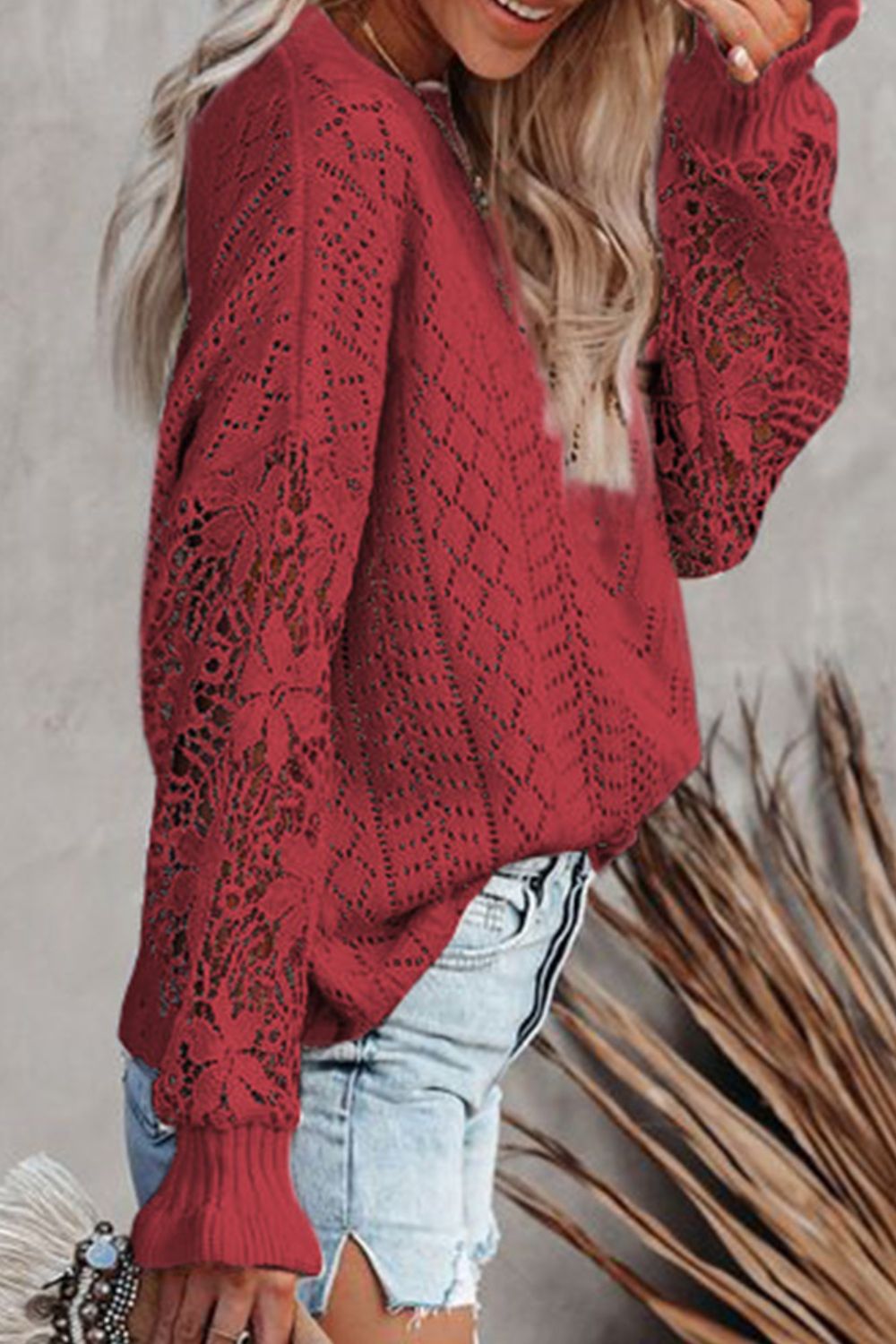 Openwork Round Neck Long Sleeve Sweater - Charming Charlie