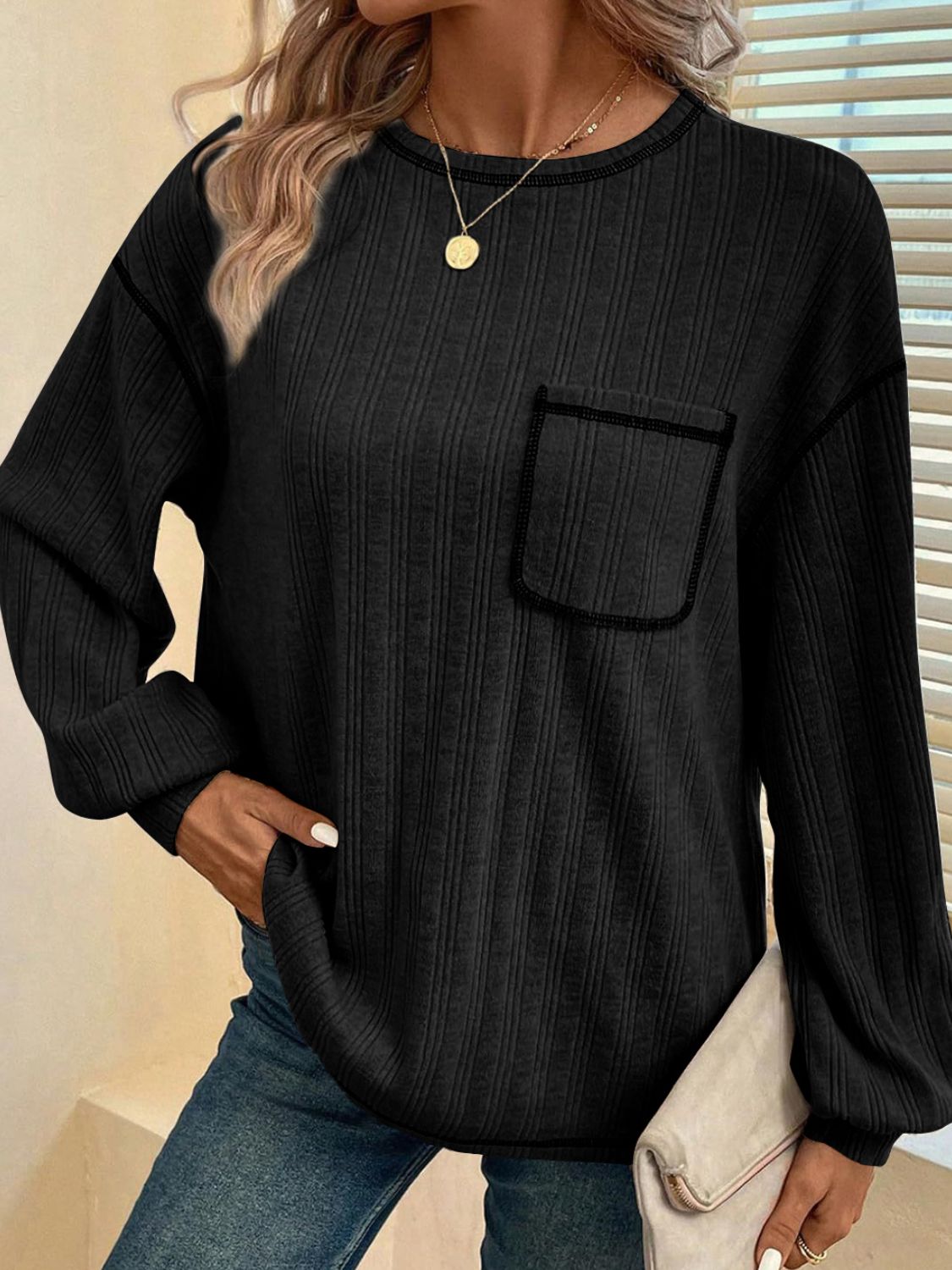Mandy Contrast Stitching Round Neck Long Sleeve T-Shirt - Charming Charlie