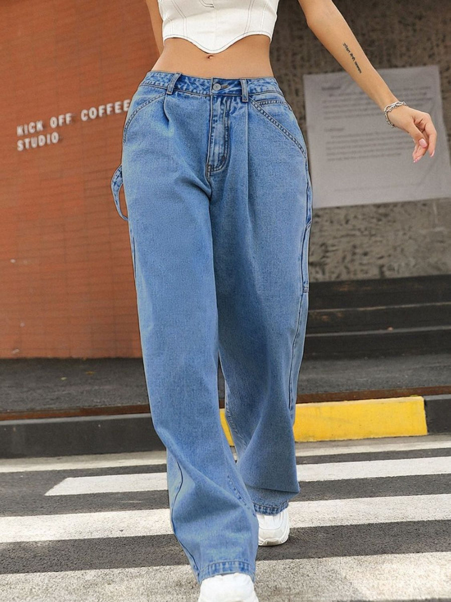 Raw Hem Wide Leg Jeans with Pockets