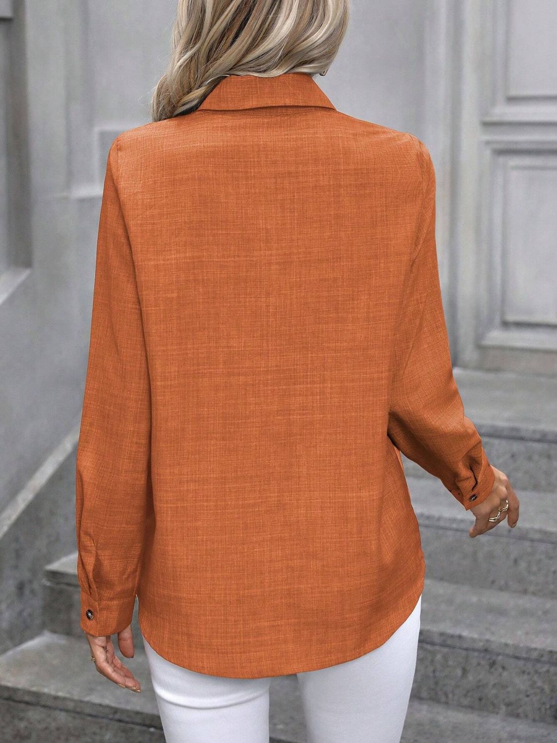 Button Up Collared Neck Long Sleeve Shirt - Charming Charlie