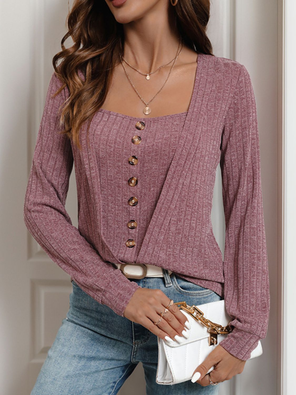 Perfee Square Neck Long Sleeve T-Shirt - Charming Charlie