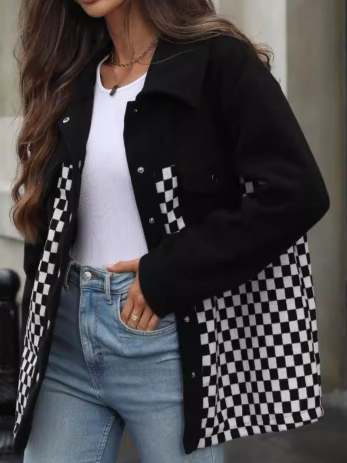 Checkered Snap Down Long Sleeve Jacket - Charming Charlie