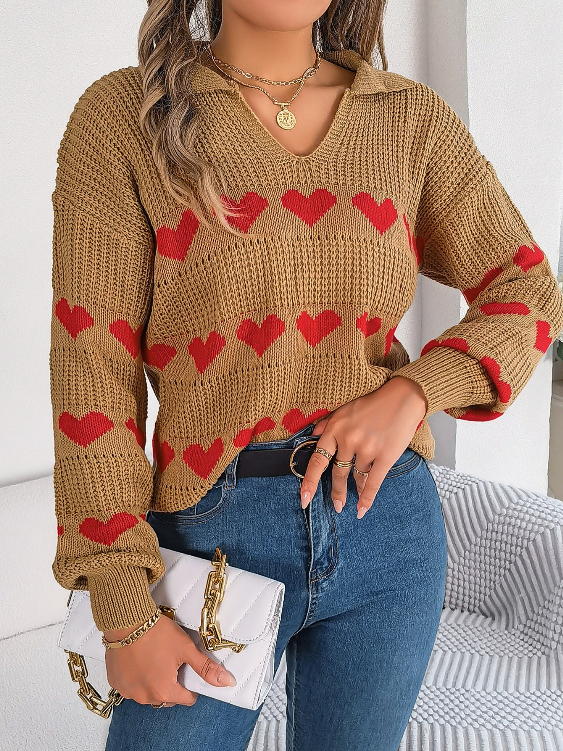 Heart Johnny Collar Long Sleeve Sweater - Charming Charlie