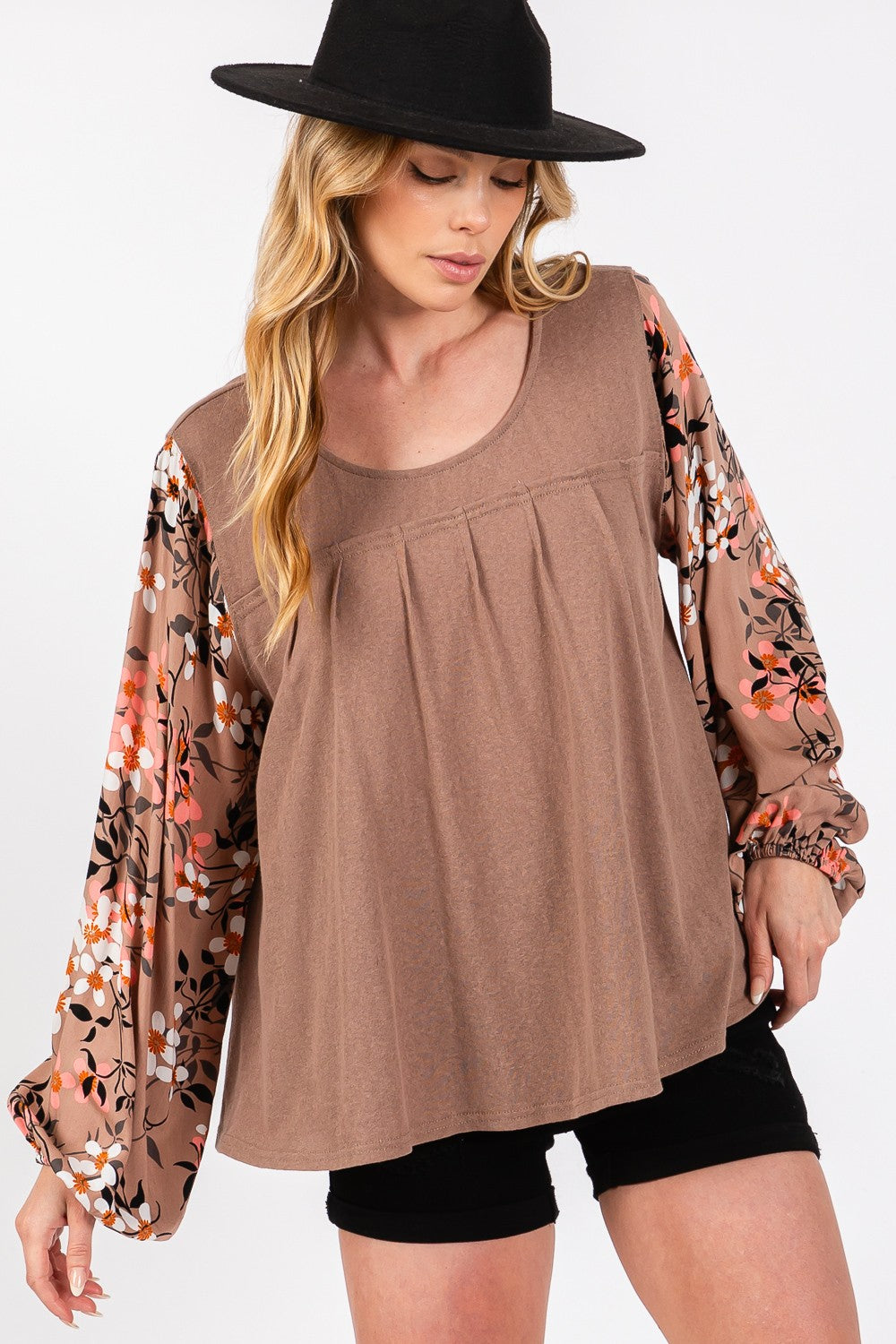 SAGE + FIG Floral Long Sleeve Front Pleated Detail Blouse - Charming Charlie