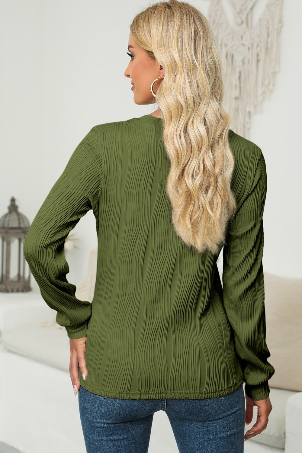 Textured Round Neck Long Sleeve Blouse - Charming Charlie