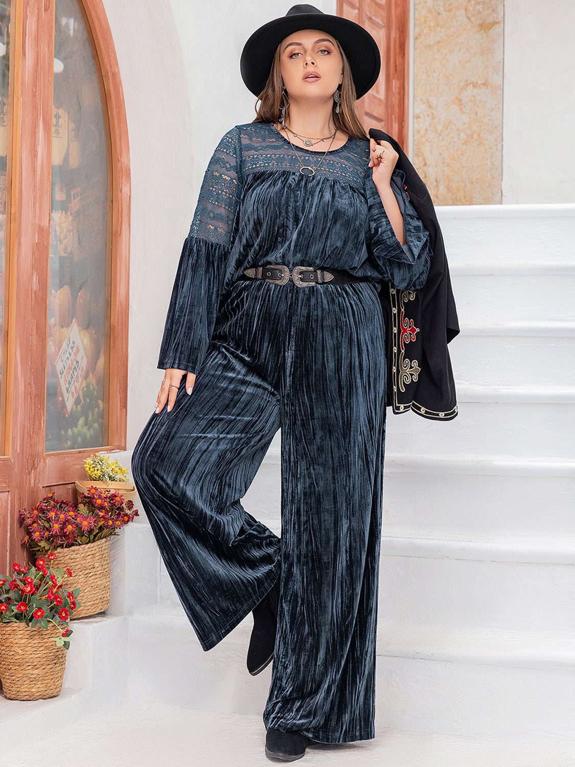 Plus Size Round Neck Flare Sleeve Top and Pants Set - Charming Charlie